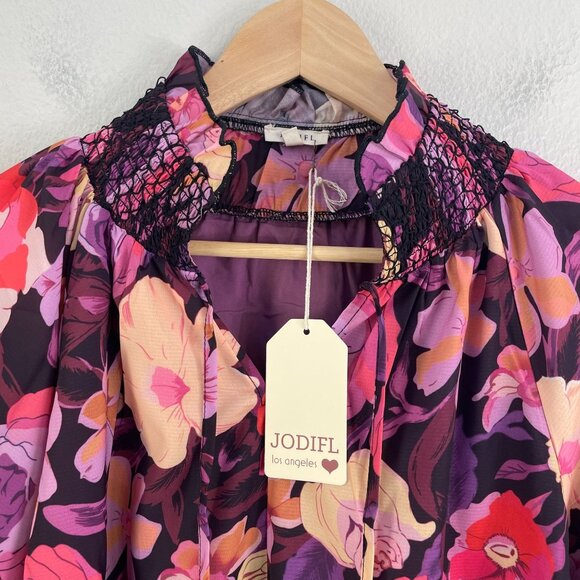 NEW Jodifl Womens Small Floral High Smocked Neck Long Sleeve Blouse Shirt - Picture 9 of 13